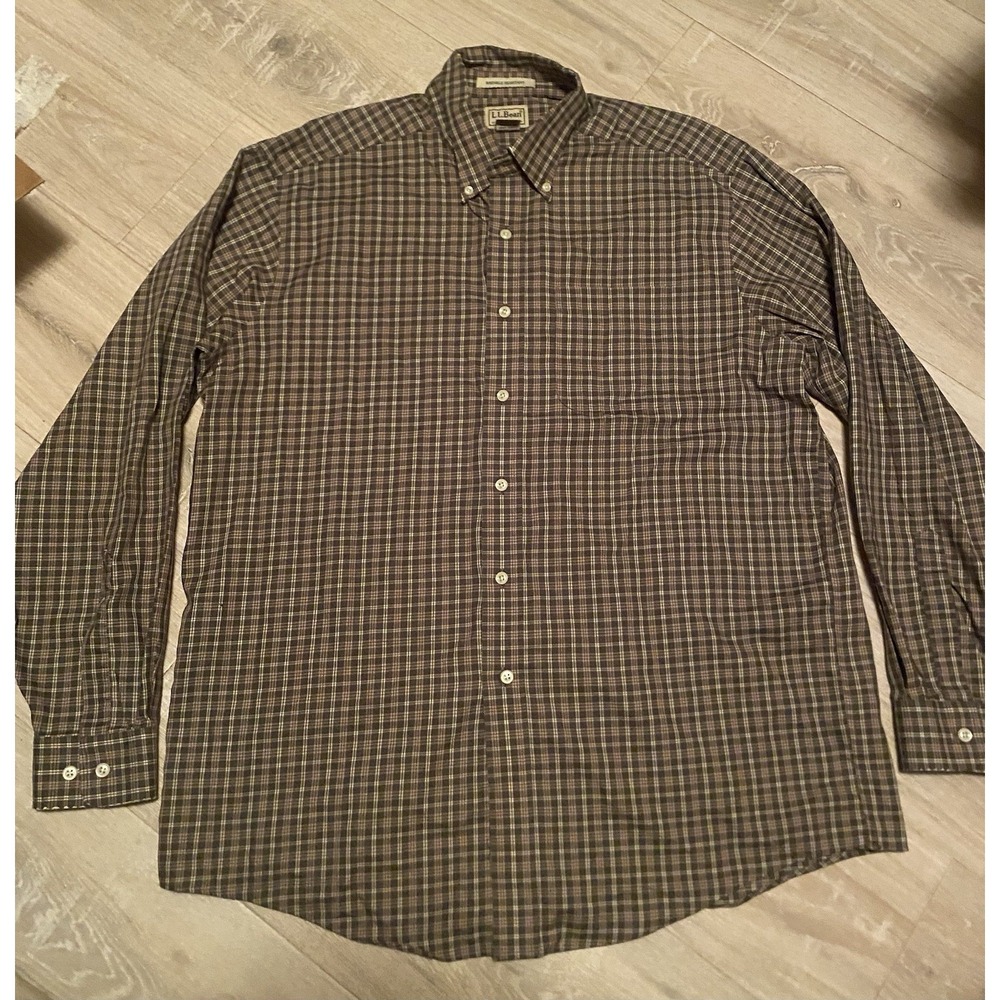 L.L.Bean Men's L Wrinkle Resistant Plaid Button Front Shirt 100% Cotton Brown